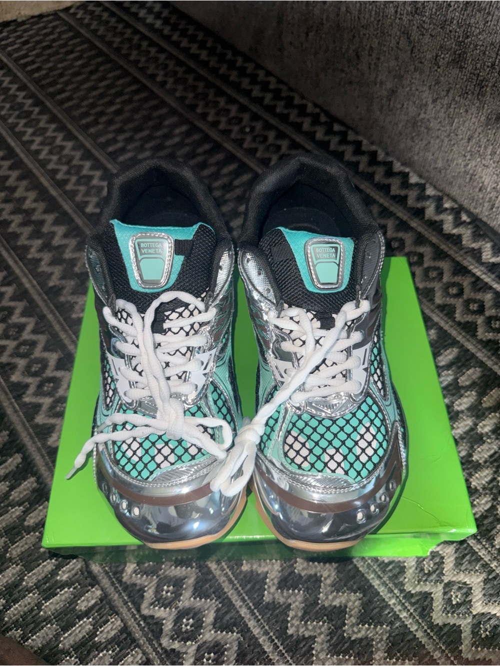 Bottega Veneta Mint Green, Black & Silver Chunky Mesh Sneakers